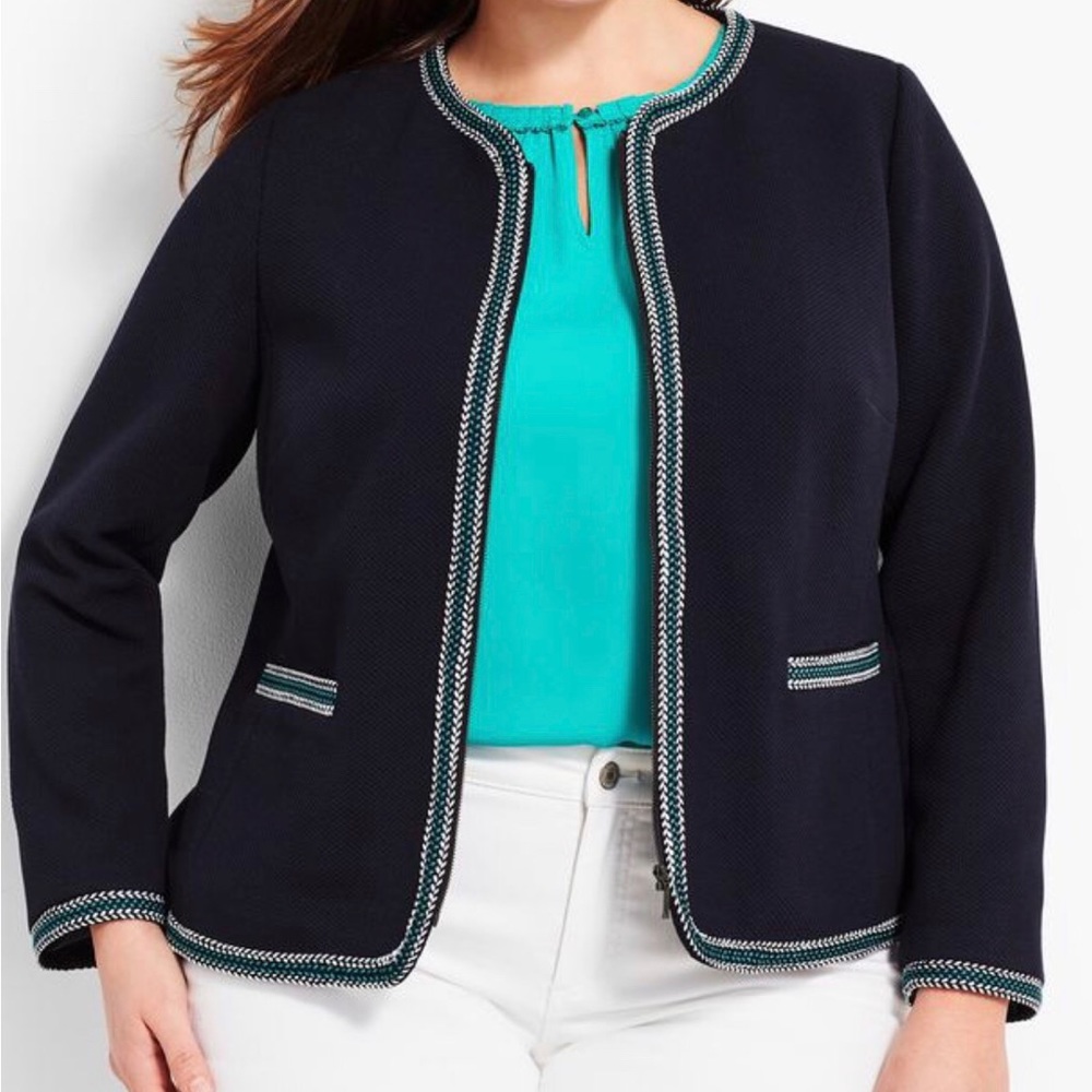 Talbots Deep Blue Braided-Trim Zip Jacket Size 12